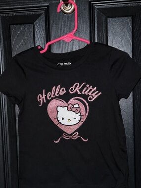 Hello Kitty Black Tee with Pink Glitter Heart Graphic